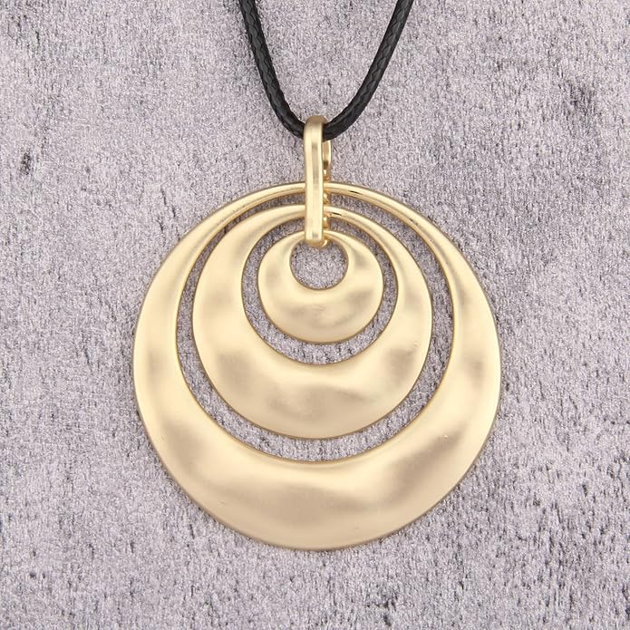Long Boho Necklaces for Women Vintage Leather Wooden Pendant Y Choker Ethnic Style Gold Circle Hippie Sweater Necklace