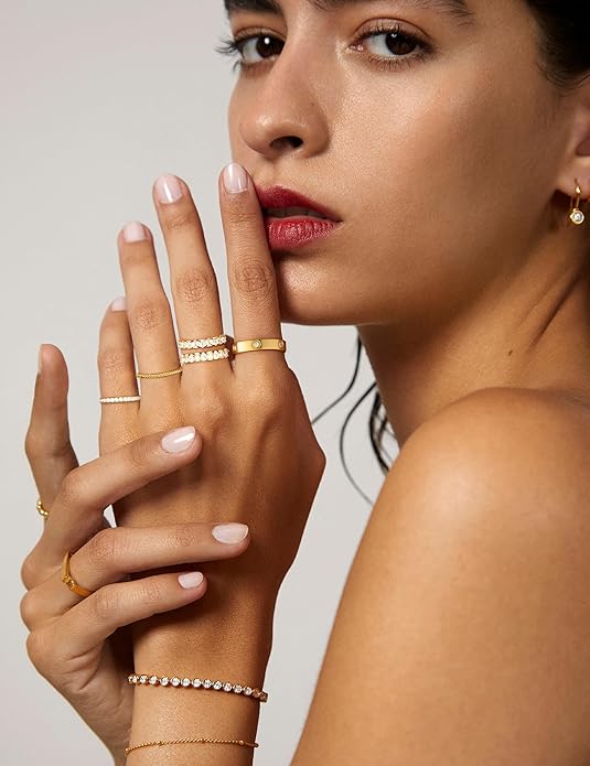 Stackable Gold Rings for Women Non Tarnish Wedding 14K Gold Plated Stacking Cubic Zirconia Thumb Ring Set Stack Engagement Eternity Dainty Bands Pinky Statement Promise Gold Jewelry Size 6-10