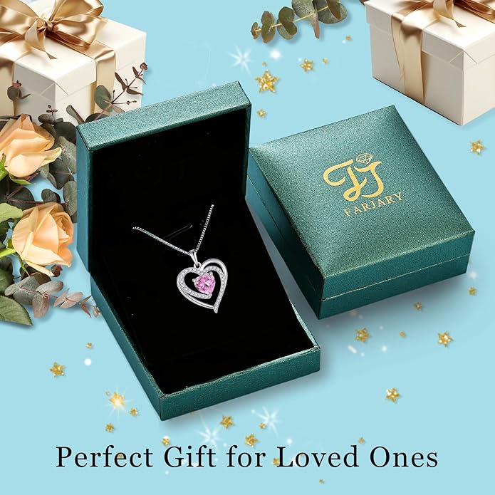 FJ Love Heart Necklace for Women 925 Sterling Silver Birthstone Pendant Anniversary Birthday Jewelry