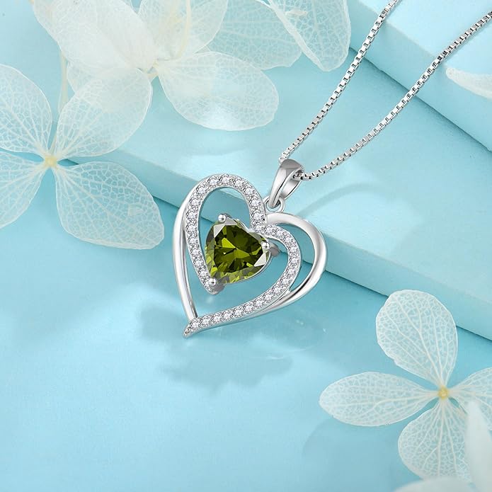 FJ Love Heart Necklace for Women 925 Sterling Silver Birthstone Pendant Anniversary Birthday Jewelry