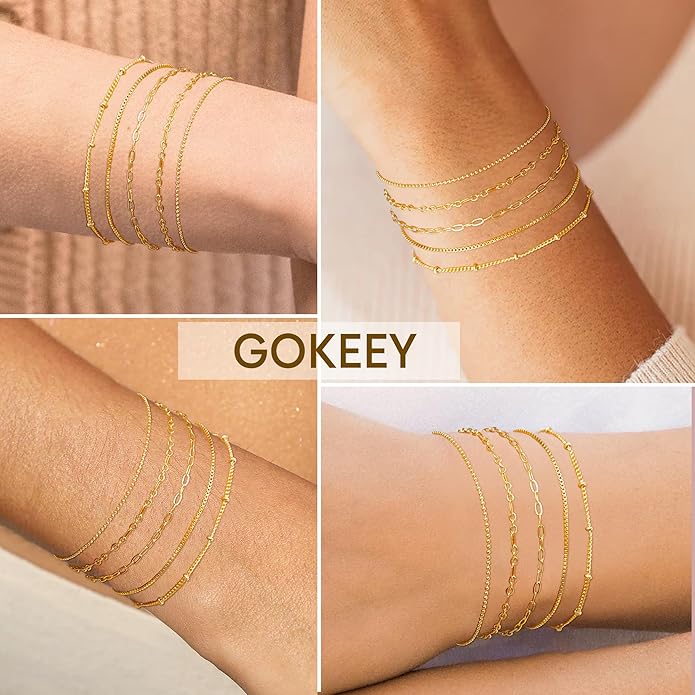 Gold Bracelets for Women Trendy,14K Gold Plated Dainty Stackable Paperclip Cuban Link Chain Bracelets, Simple Cute Cuff Bracelets Jewelry Set Adjustable 7"+2"