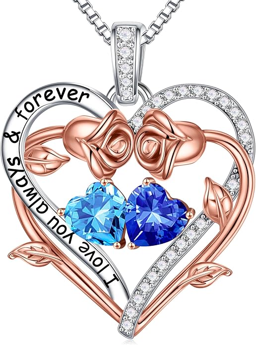 Iefil Rose Heart Double Birthstone Necklace Gifts for Wife Her Mom Women, Birthstone Jewelry Gemstone Birthday Gifts for Girlfriend Grandma Her Wife Women