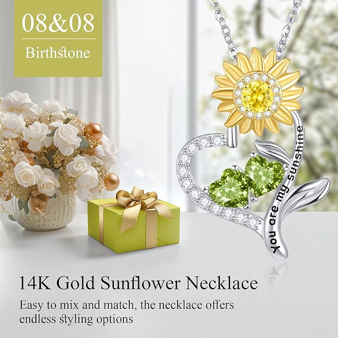 PERJI Valentine's Day Gifts for Women - 925 Sterling Silver Double Birthstone Sunflower Necklace, Anniversary Birthday Jewelry You are My Sunshine Gifts for Wife Couple Girlfriend 18"+2" Non Tarnish