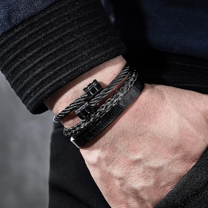 WFYOU 3PCS Stainless Steel Bracelets for Men Gold Roman Numeral Bangle Bracelet Twisted Cable Bracelet Adjustable Cuff Bracelet Mens Luxury Jewelry Bracelets Gifts
