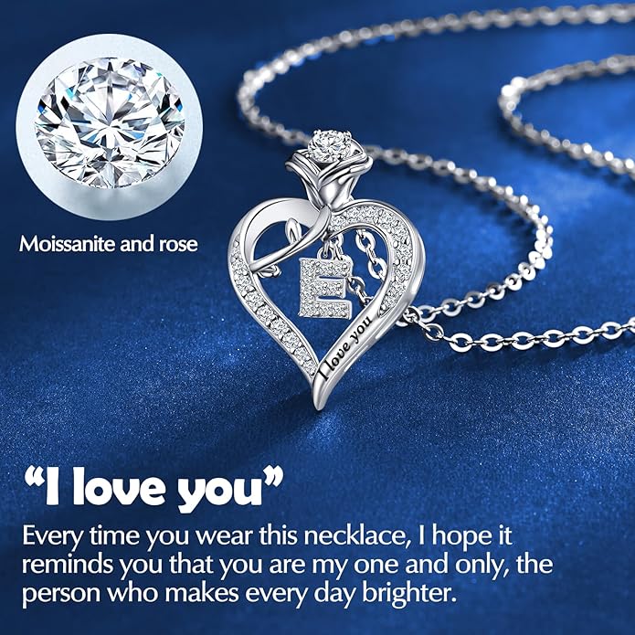 DWWGE Rose Heart Pendant Necklace Gifts for Wife, Engraved 'I love you' Gift for Wife Girlfriend, Anniversary Birthday Eternity Jewelry Present for Women, Moissanite Necklace Gift for Her