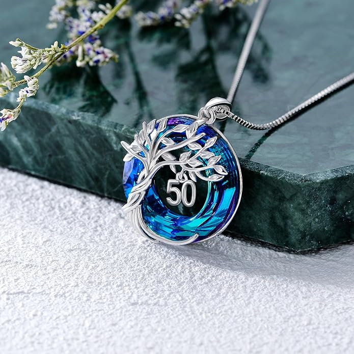 TOUPOP Birthday Gifts for Women 925 Sterling Silver Tree of Life Year Old Necklace Circle Crystal Jewelry Christmas Gifts for Her Wife Mom Mother Grandma Grandmother