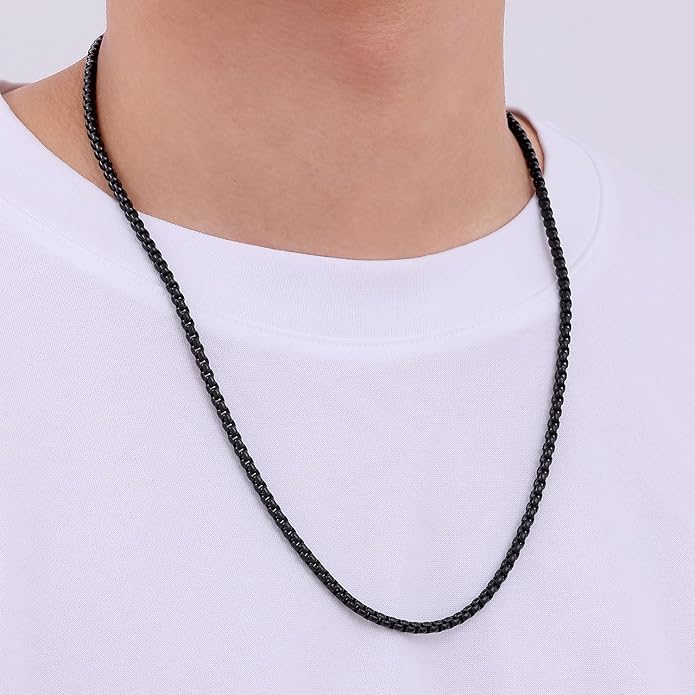 Fiusem Box Chain for Men, Silver Tone/14K Gold Plated/Black Stainless Steel Necklace for Men and Women, Width 2/2.5/3/4/5mm, Length 18-28 Inches