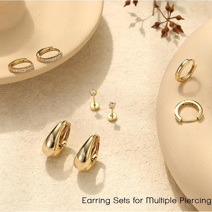 BESTEEL Small Hoop Earrings for Women - Hypoallergenic 14K Gold Plated Surgical Steel Chunky Huggie Earings Stacks Set Dainty Cute Cartilage Flat Back Stud Jewelry Trendy Gift 4 Pairs