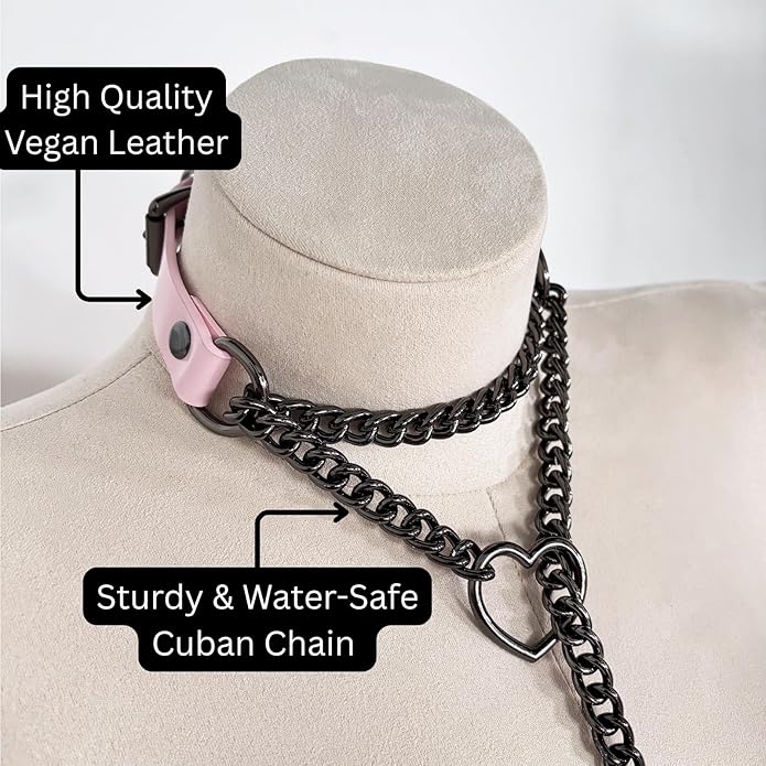 Handmade Black Heart Choker Collar For Women, Punk Gothic O-ring Slip Chain Necklace with Adjustable Vegan Leather Buckle