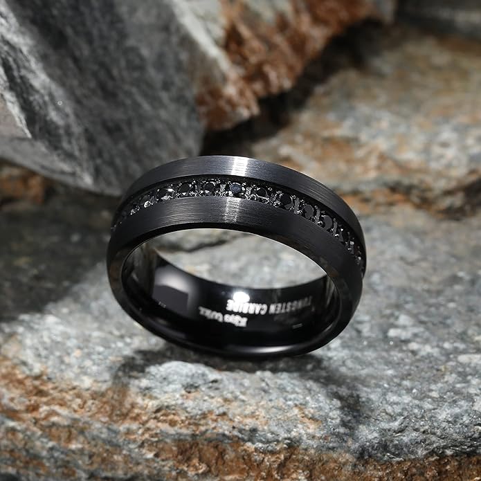 King Will Mens Tungsten Wedding Band with Cubic Zircon Inlay 7mm/8mm Flat Cut Comfort Fit Engagement Rings
