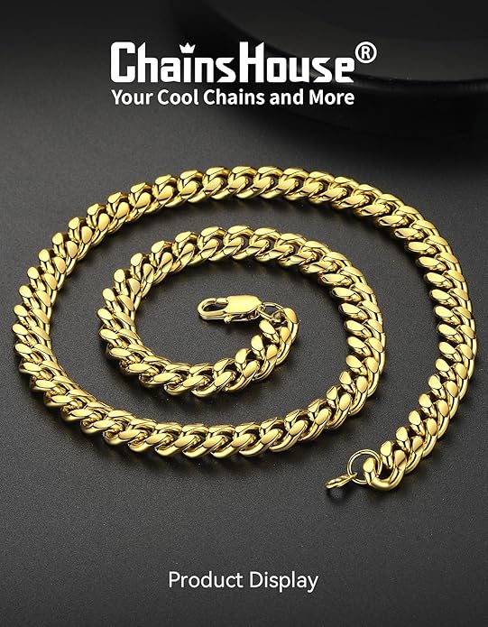 ChainsHouse Miami Cuban Link Chain Necklace for Men, 4.8mm/6mm/10mm/14mm Width, 14K Gold Plated/Stainless Steel/Black Mens Chunky Hip Hop Necklace Curb Chains, 14"-30" Length, Come Gift Box