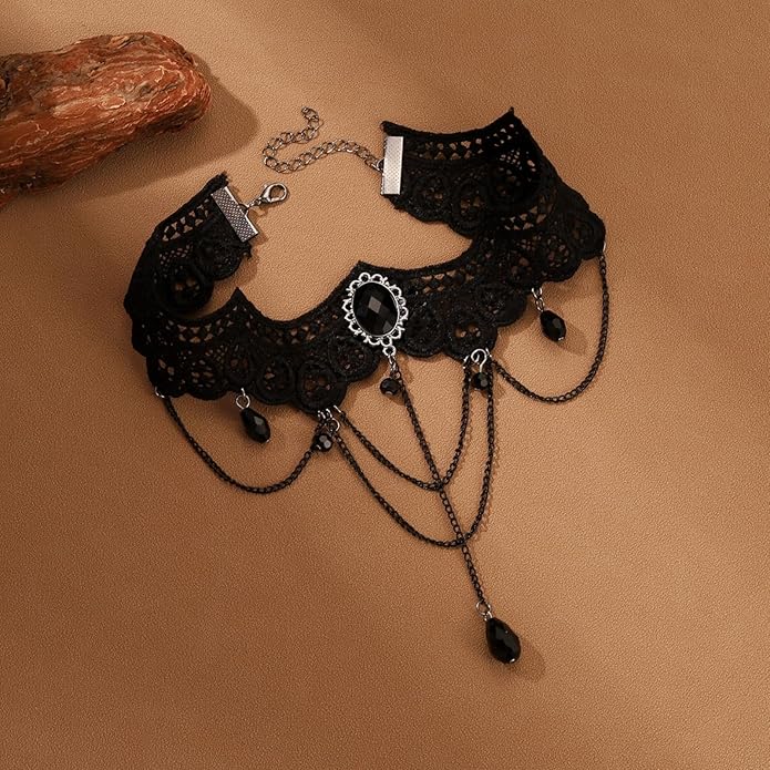 Vintage Lace Choker Necklace for Women Gothic Style Black Crystal Hollowed Out Necklace Statement Layered Tassels Necklace Victoria Halloween Vampire Jewelry