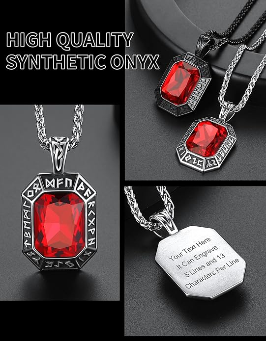 ChainsHouse Viking Rune Pendant Necklace for Men Women, Punk Biker Black Metal/316L Stainless Steel Onyx Norse Vintage Amulet Necklaces with Black/Red/Green/Blue Gemstone, Send Gift Box