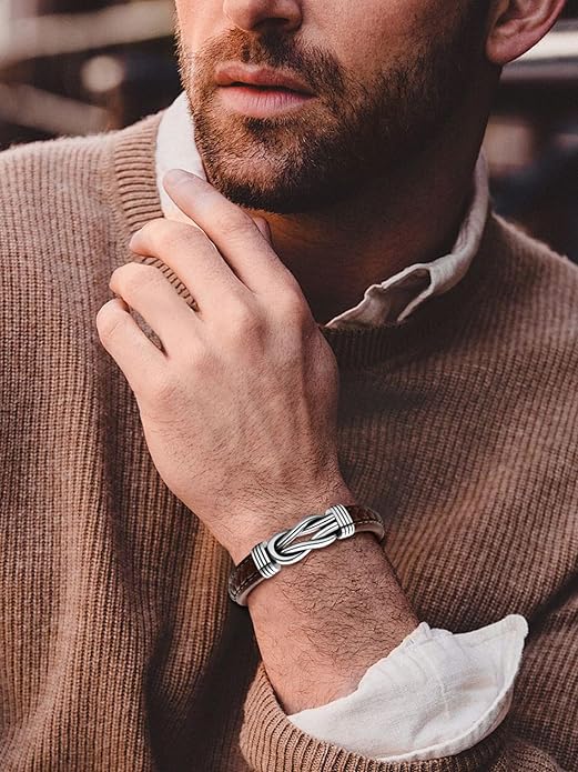 Mens Black Braided Leather Bracelet, Green/Red/Brown/Black Braided Leather Infinity Knot Bracelets for Men with Stainless Steel Clasp, 7.5/8.5/9in Length