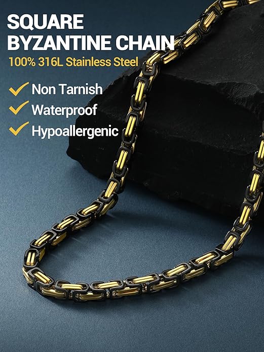PROSTEEL 4MM/6MM/8MM Stainless Steel Necklace for Men Women, Stylish and Cool, Byzantine Chain Black Gold Silver Tone, 18-30 Inches, Come Gift Box
