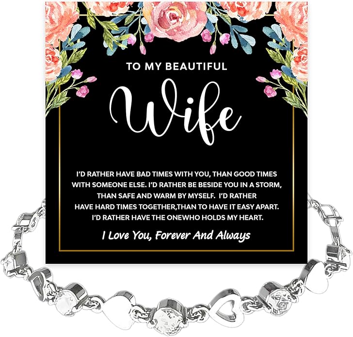 To My Wife Crystal Heart Bracelet Gift From Husband, Beautiful Wife Jewelry For Anniversary, Birthday, Christmas, Valentine’s Day, Bracelet For Her With Heartfelt Message & Elegant Box