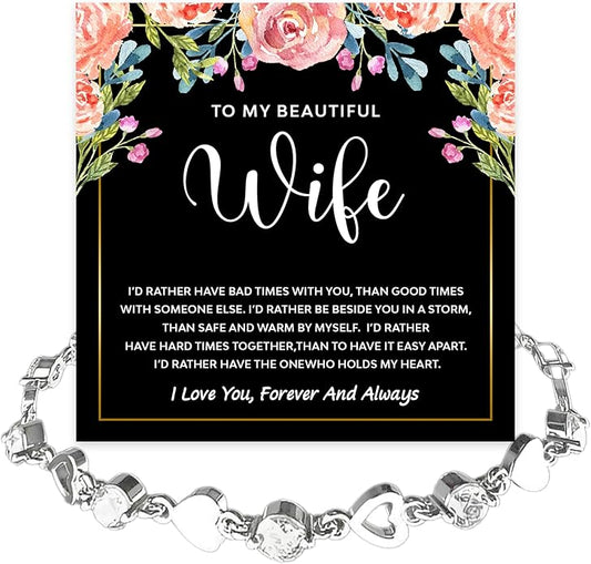 To My Wife Crystal Heart Bracelet Gift From Husband, Beautiful Wife Jewelry For Anniversary, Birthday, Christmas, Valentine’s Day, Bracelet For Her With Heartfelt Message & Elegant Box