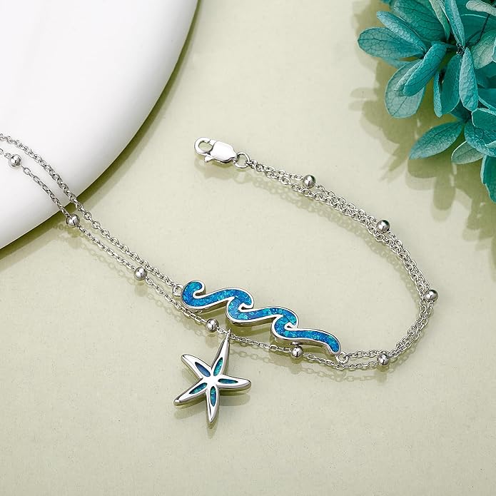 YFN Wave Anklet 925 Sterling Silver Ocean Wave Layered Ankle Bracelet Wave Beach Jewelry for Women Gifts