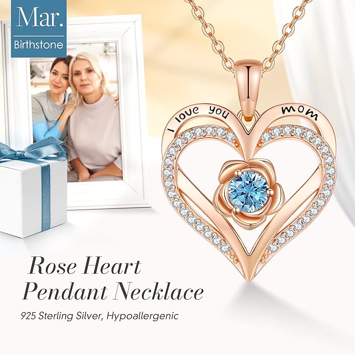 CDE Christmas Gifts for Women S925 Silver Rose Gold Heart Birthstone Necklaces for Women，Ideal Anniversary or Birthday Jewelry Gifts for Wife Girlfriend Her