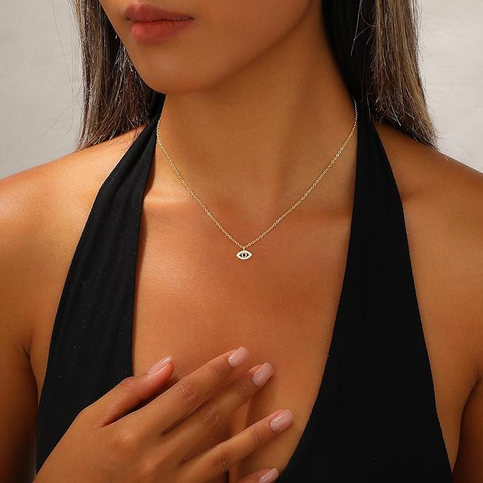 Evil Eye Necklace for Women,Dainty 14K Gold/Sterling Silver Plated Evil Eye Pendant Necklace Tiny Boho CZ Diamond Necklace Cute Trendy Lucky Protection Jewelry Gift for Women