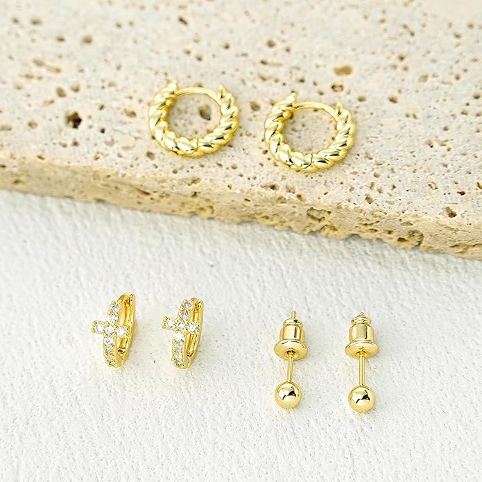 Gold Hoop Earrings Set for Women 14K Gold Silver Plated Huggie Earring Pack Multiple Piercing Dainty Cartilage Earring Hypoallergenic Trendy Cubic Zirconia CZ Earring Stack Jewelry Gifts