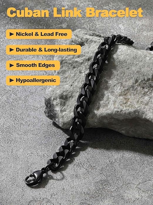 U7 Link Bracelets for Men, Cuban Link/Rope/Watch Band Solid Bracelet, Silver Black Gold Color Wrist Bracelet 3/6/9/12/15mm Width, 6.5/7.5/8.3 Inch Length, Hand Chain Jewelry for Mens Women