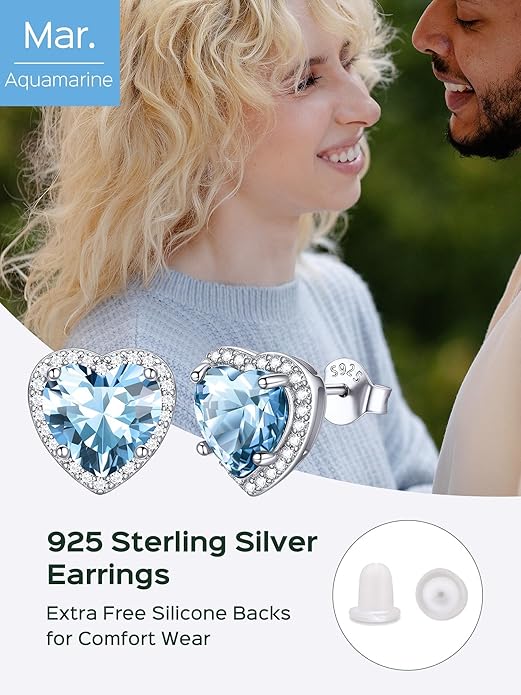 ChicSilver 925 Sterling Silver Birthstone Earrings for Women, 8MM/2 Carat Heart & Round Cubic Zirconia Stud Earrings, Hypoallergenic Jewelry, Ideal Birthday or Christmas Gifts