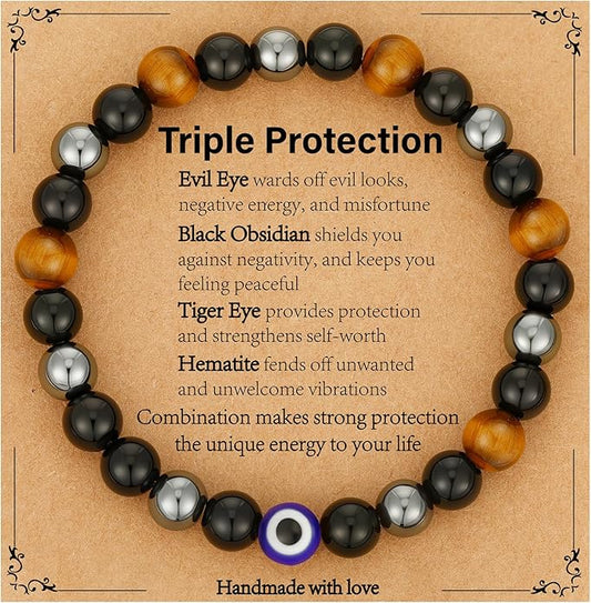 Triple Protection Bracelet for Men, Mens Black Obsidian Hematite Tiger Eye Beaded Natural Stone Evil Eye Bracelet Jewelry Gifts for Birthday Christmas