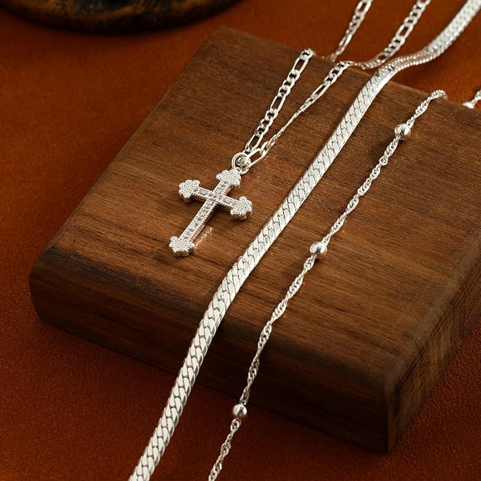 ASCOMY Gold Necklace for Women 14K Gold/Silver Plated Layered Necklaces Stackable Layering Cross Necklace Stacked Coin Pendant Pearl Herringbone Chain Stacking Gold Choker Trendy Jewelry Gift for Her