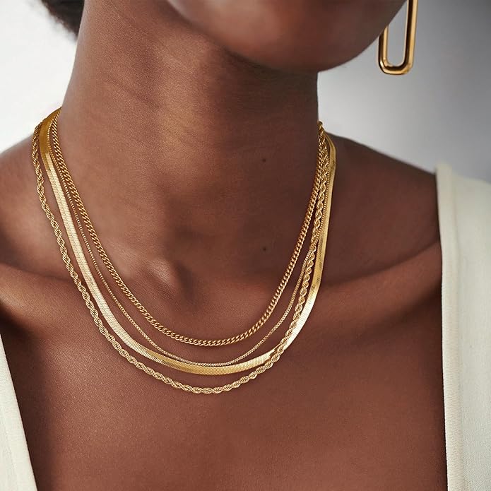 Tewiky Layered Necklaces for Women Non Tarnish- Chunky 14k Gold Plated Herringbone/Snake/Rope/Box/Cuban Link Chain for Women Waterproof Layering Stack Choker Necklace Trendy Dainty Tarnish Free Jewelry Set