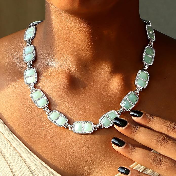 Chunky Necklace for Women 12 Colors Diamond Stone Gold Statement Necklace for Women Full Trendy Blue Birthstone Choker Necklace for Women Square Design Necklace Jewelry