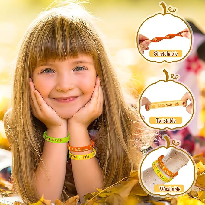 JUNEBRUSHS 64pcs Thanksgiving Party Favors Fall Leaves Pumpkin Silicone Bracelets Rubber Wristbands for Autumn Thanksgiving Home Office Party Decorations Gifts