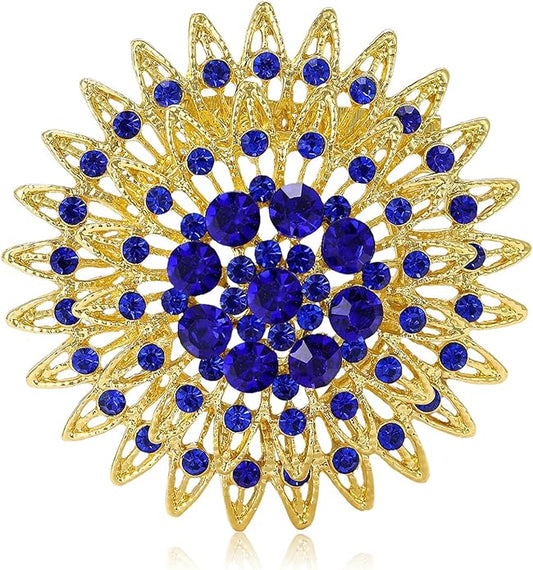 Vintage Rhinestone Round Flower Brooch Pin for Women,Sparkling Floral Lapel Pins Fashion Crystal Cluster Brooches Elegant Dress Accessories Christmas Wedding Jewelry