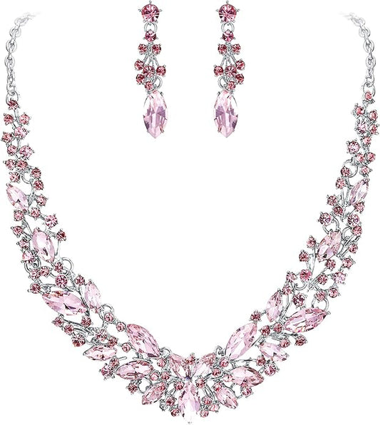 BriLove Women's Wedding Bridal Austrian Crystal Marquise Cluster Collar Necklace Dangle Earrings Set