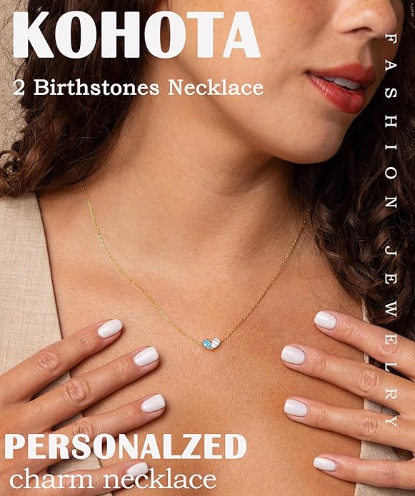 KOHOTA Gold Birthstone Necklace for Women Non Tarnish 14K Gold Plated CZ Heart Pendant Necklaces Dainty 2 Birthstones Emerald Green Charm Necklace for Mother and Daughter Birthday Jewelry Gifts
