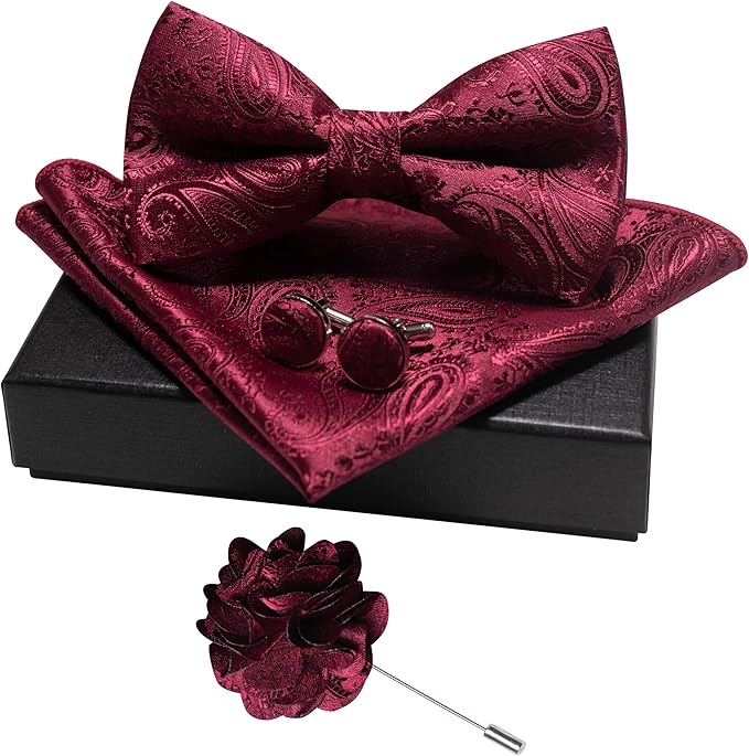 JEMYGINS Mens Paisley Bow Tie and Lapel Pin Necktie Pocket Square and Tie Clip with Sets for Business Casual 4PCS