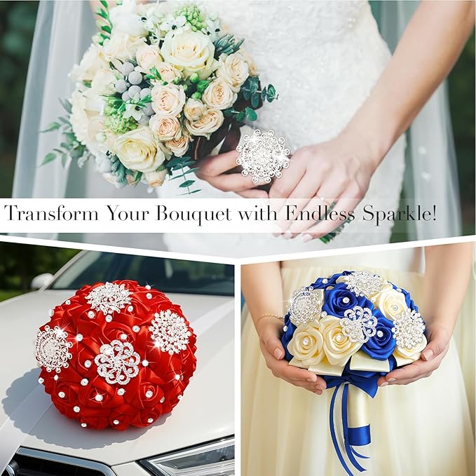 kilofly 4pc Rhinestone Wedding Crystal Floral Bouquet Brooch + 100pc Pins + Gift Bag