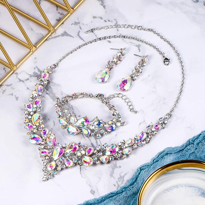 BriLove Wedding Bridal Jewelery for Women Austrian Crystal Teardrop Cluster Statement Necklace Dangle Earrings Link Bracelet Set