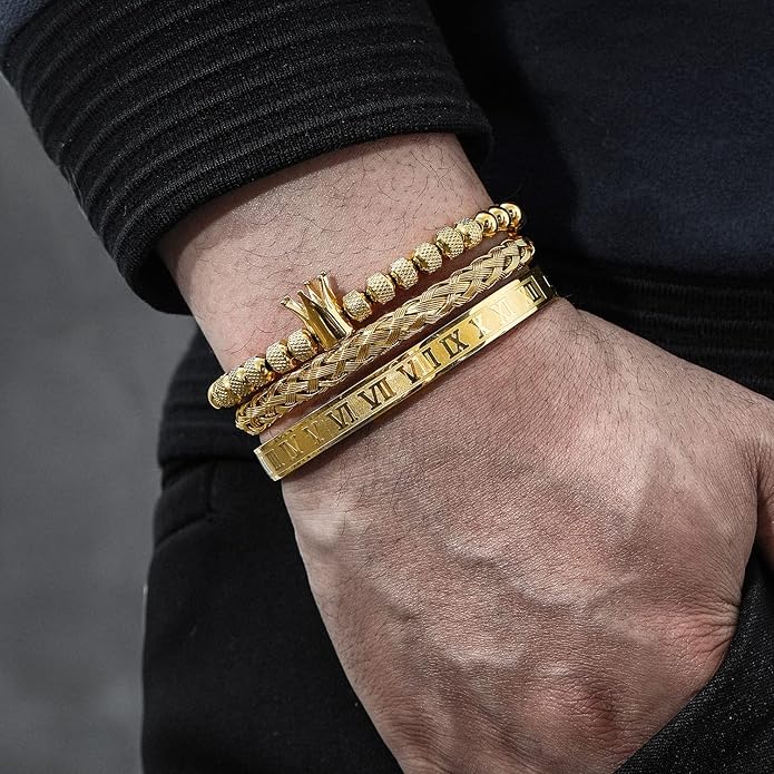 WFYOU 3PCS Stainless Steel Bracelets for Men Gold Roman Numeral Bangle Bracelet Twisted Cable Bracelet Adjustable Cuff Bracelet Mens Luxury Jewelry Bracelets Gifts