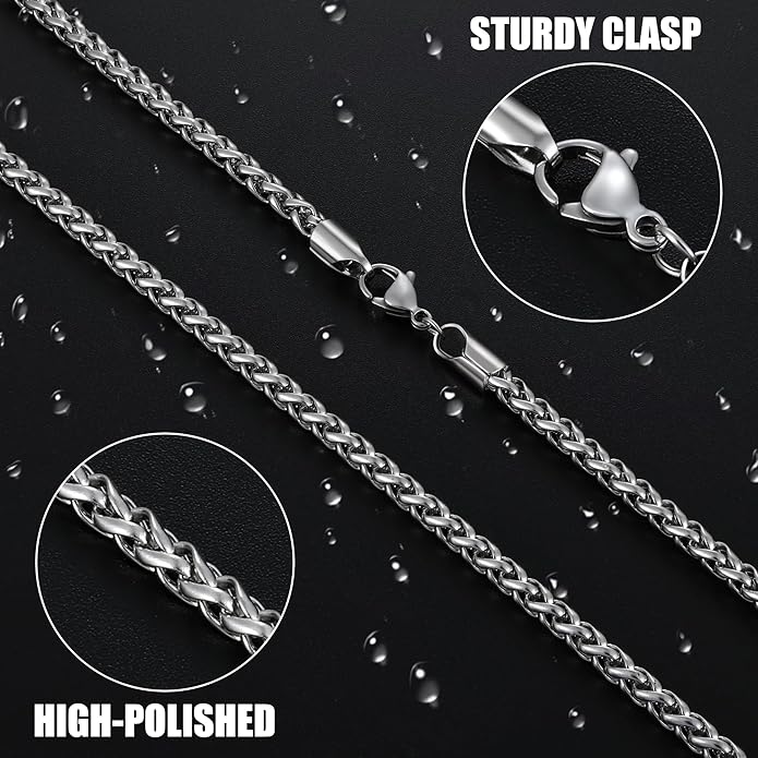 Fiusem Black Wheat Chains for Men and Women, 2/2.5/3/4/5mm Stainless Steel Necklace Chain, Mens Necklace Jewelry Gift 16-28 Inch