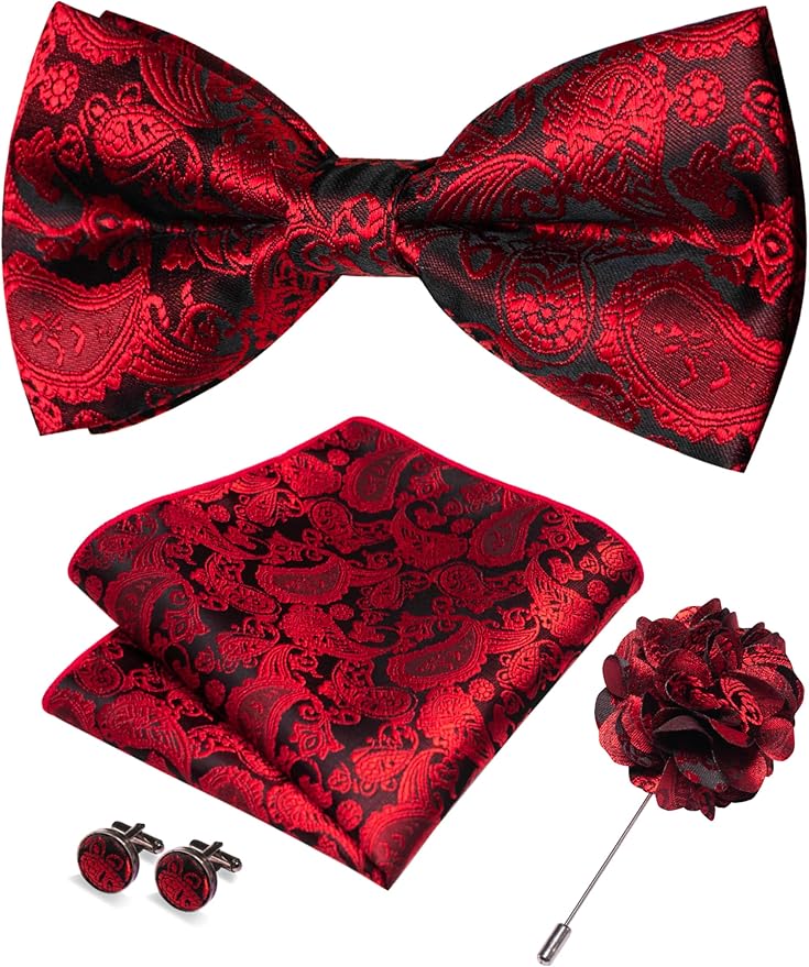 JEMYGINS Paisley Pre-tied Bow Tie and Pocket Square Cufflinks Lapel Pin Sets for Men 4PCS