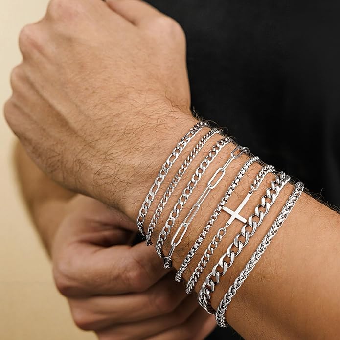 Yoosteel Mens Bracelets - Silver Chain Bracelet Stainless Steel Cuban Link Stack Bracelets Sturdy Rope Paperclip Chains Set 7.5/8.3/9 inches Trendy Jewelry for Men