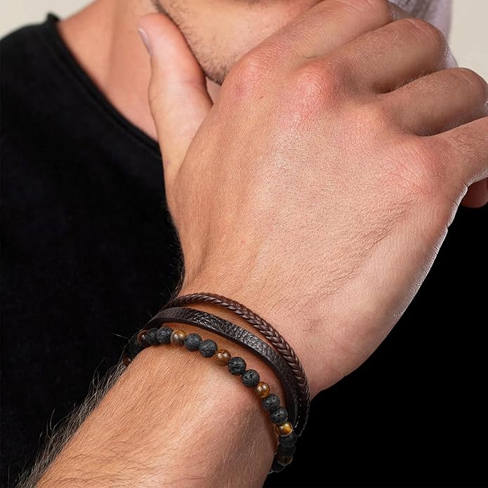 Gifts for Men - Layered Leather Beads Bracelet, Tiger Eye Lava Rock Stone Braided Leather Bracelets for Men Adjustable Magnetic Clasp Birthday Gifts