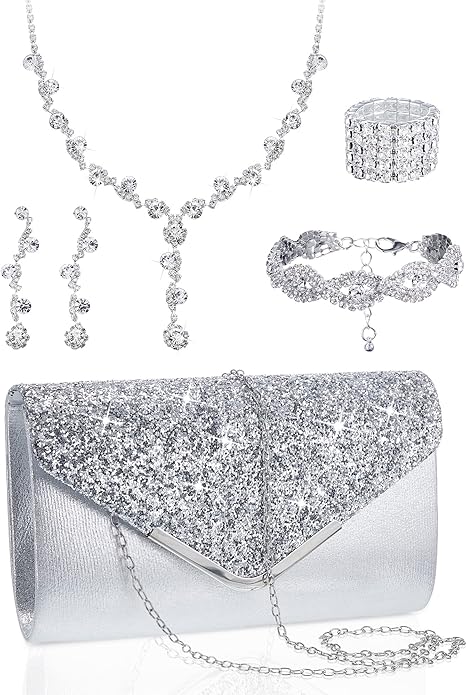 Henoyso 5 Pcs Purse Rhinestone Jewelry Set Prom Jewelry Rhinestone Clutch Purse Necklace Earrings Bracelets for Women Bride