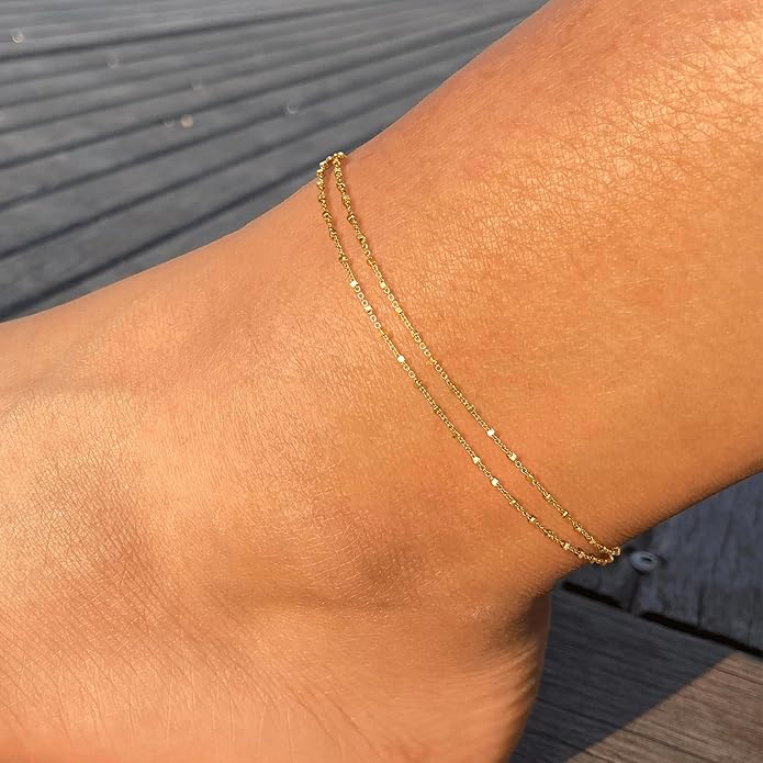 Ritach Ankle Bracelets for Women - Silver/Gold Plated Stainless Steel Anklets for Women Waterproof Layered Cuban Link Figaro Chain Heart Anklets Set Summer Beach Jewelry Gifts