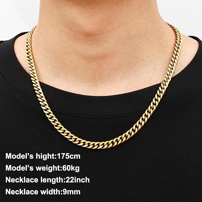 Fiusem Valentines Day Gifts for Him Silver Tone/Black/14K Gold Plated Chain Necklace for Men, 5mm/6mm/7.5mm/8mm/9mm Stainless Steel Cuban Link Chain Necklace, Men's Chains 18-28 Inch Jewelry Gifts