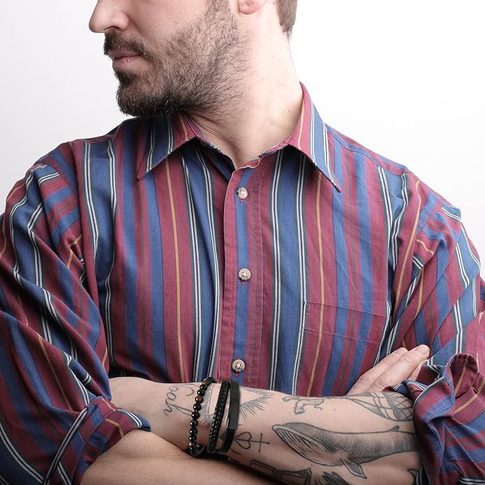 Mens Tiger Eye Matee Black Onyx Lava Rock Volcanic Stone Beaded Bracelet, Black Braided Leather Bracelet for Men