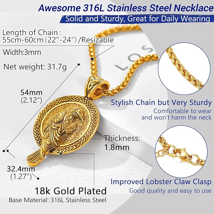 PROSTEEL Norse Viking Jewelry for Men Women, Vintage Thor Hammer/Thor Axe/Raven/Odin Necklace, 316L Stainless Steel Pendant Chain, Come with Box