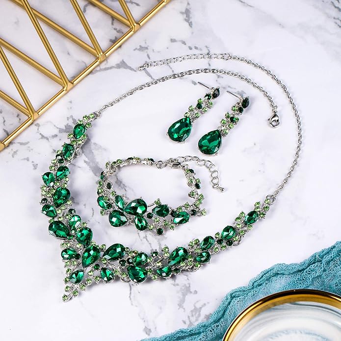 BriLove Wedding Bridal Jewelery for Women Austrian Crystal Teardrop Cluster Statement Necklace Dangle Earrings Link Bracelet Set