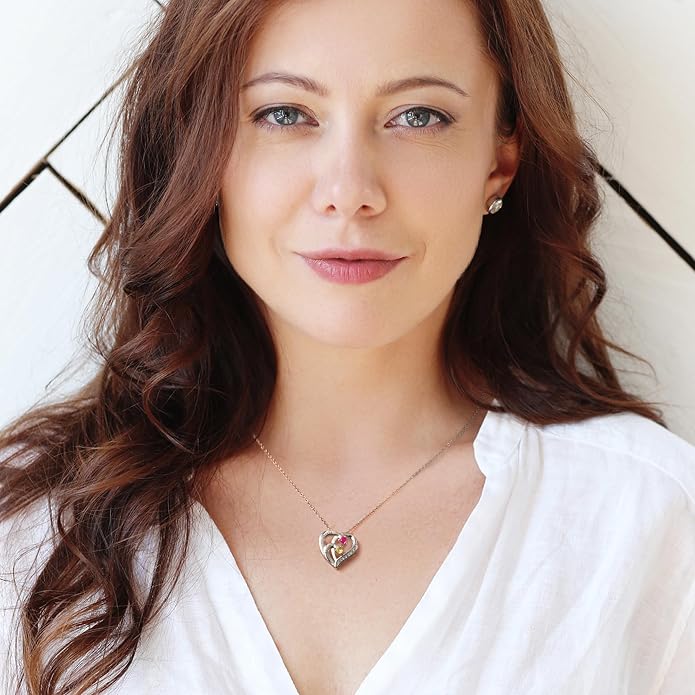 Easycosy Custom Name Necklace with Simulated Birthstones Customized Promise Necklace Heart Pendant with Engraved 2-6 Names - Anniversary Birthday Christmas Jewelry Gifts for Women Wife Mom Grandma